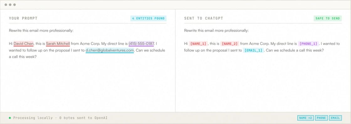 Obscura redaction demonstration comparing a sample prompt containing names, a phone number and an email with typed placeholders.